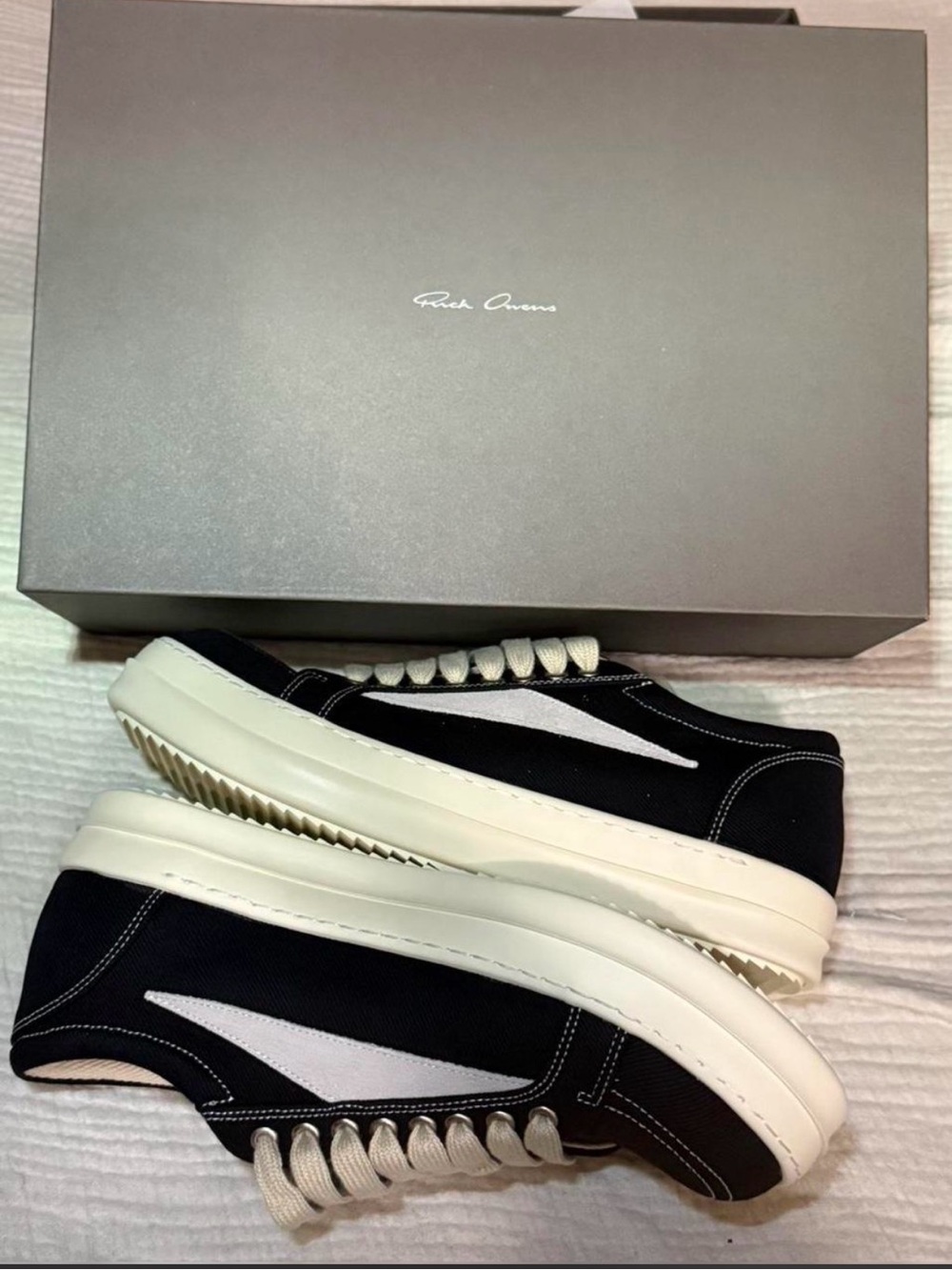 Rick Owens Black Low-Top Canvas Men’s Sneakers with White Stripe ( no box)